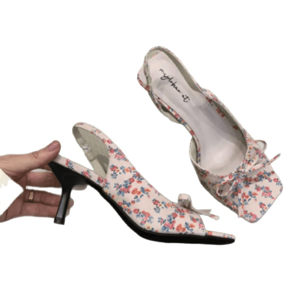 Ready Stock, Dropshipping Available~ Gentle Fairy High Heels, French Style, Water Bow, Open-Toe, Stiletto Heel, Backless Sandals