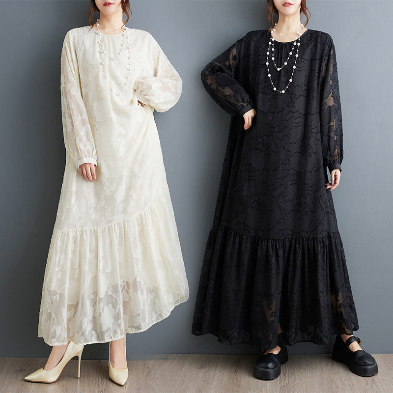 Plus-Size Women's Clothing 2026 Autumn Collection Loose Retro Jacquard Patchwork Lantern Sleeve Elegant Ruffled Double-Layer Dress