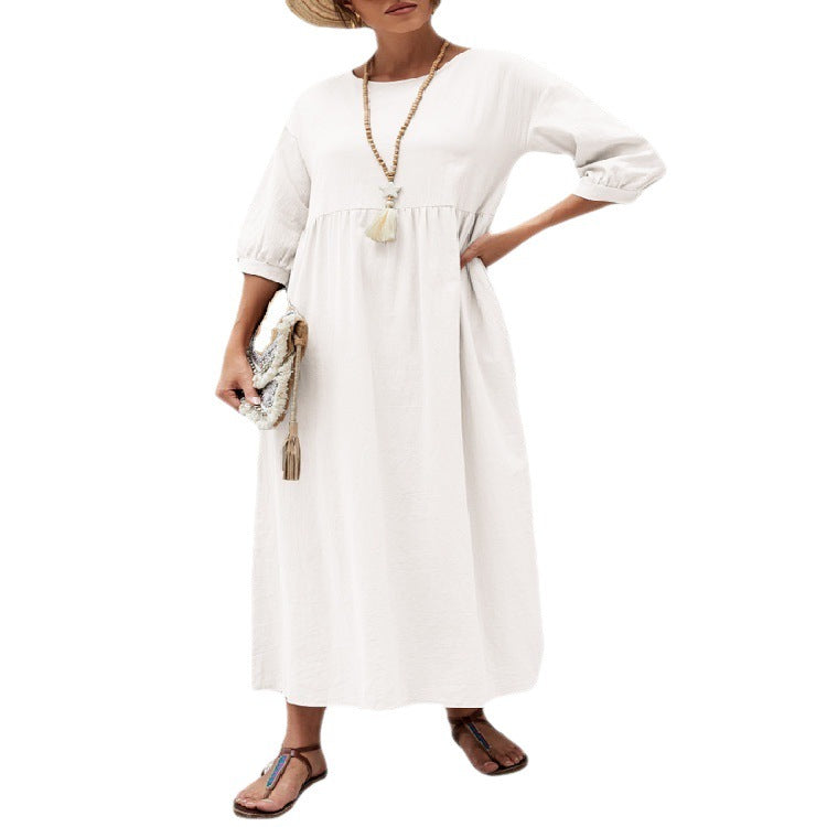 2022 New Women's Casual Solid Color Fashion Lantern Sleeve Loose Cotton and Linen Pocket Dress Ready in Stock