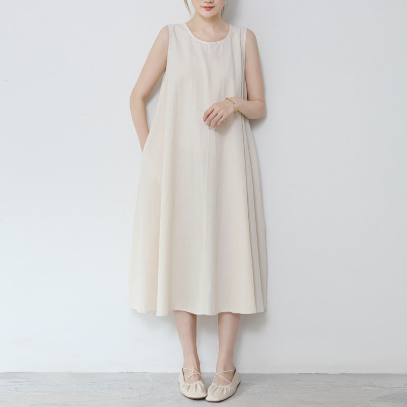 Real shot new in stock 2022 summer new 3 color sleeveless dress women's loose cotton linen dress