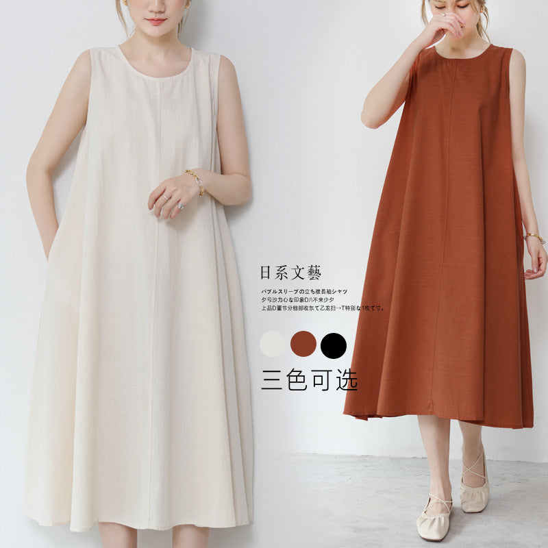 Real shot new in stock 2022 summer new 3 color sleeveless dress women's loose cotton linen dress