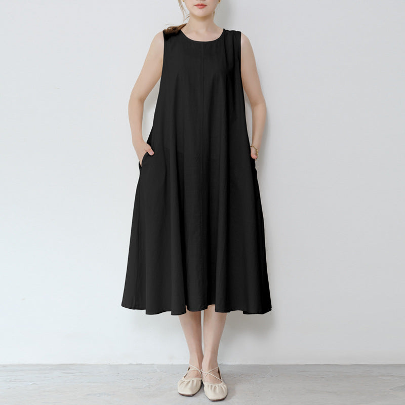 Real shot new in stock 2022 summer new 3 color sleeveless dress women's loose cotton linen dress