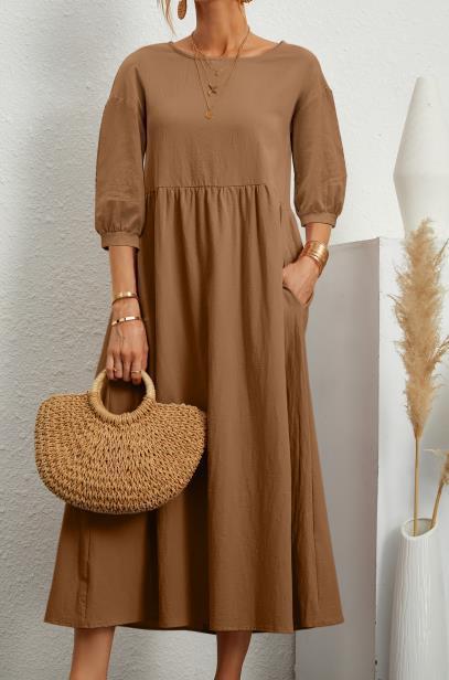 2022 New Women's Casual Solid Color Fashion Lantern Sleeve Loose Cotton and Linen Pocket Dress Ready in Stock