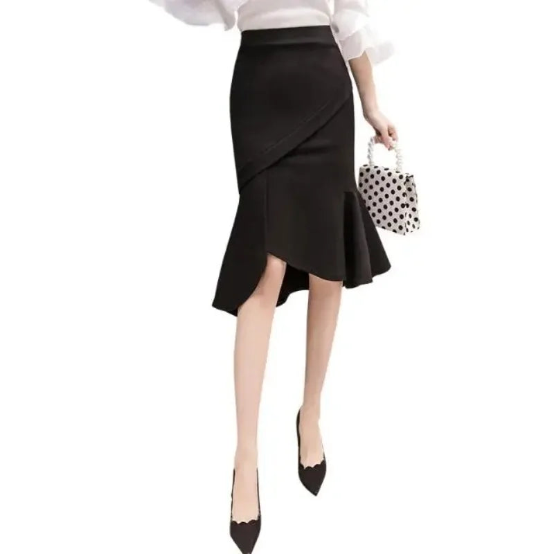 Womens Black Asymmetric Ruffle Mermaid Skirt High Waist Bodycon Pencil Skirt