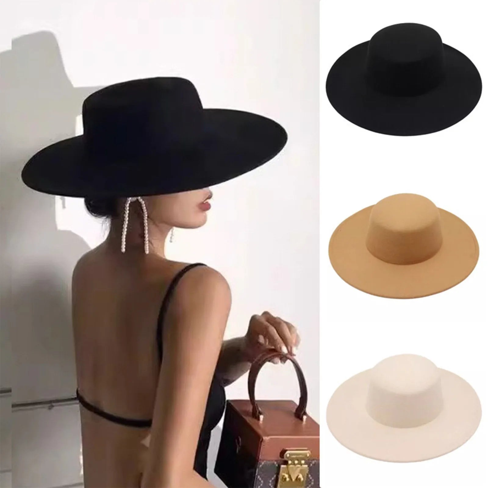 Women'S Black Felt Hat Flat Top Jazz Hat Vintage Wide Brim Cap Hepburn Style French Classic Elegant Fashion Accessory
