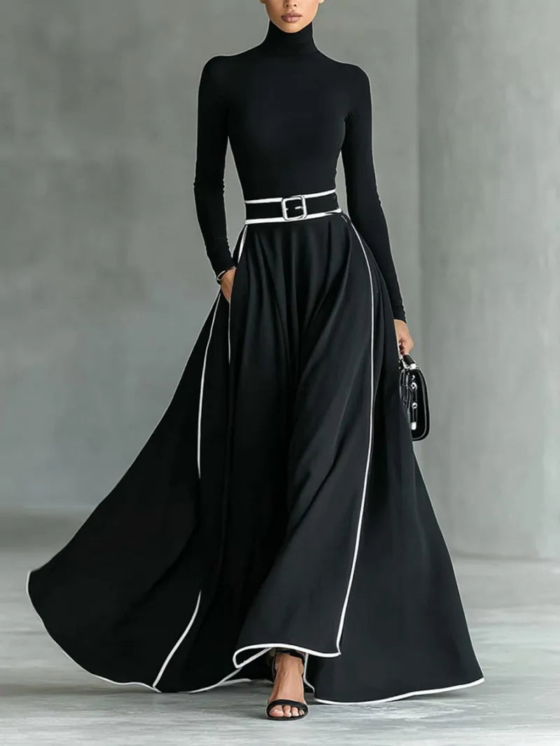 Women Elegant Turtleneck Maxi Dress Striped Print With Pockets Tight Belt Long Skirt Dresses Long Sleeve Office Party Dresses