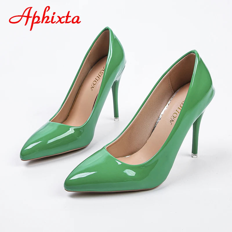Aphixta 2026 Green Super High 3.94inch Stiletto Heels Women's Pumps Thin Heels Pointed Toe Colorful Patent Leather Office Shoes