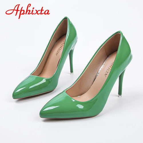 Aphixta 2026 Green Super High 3.94inch Stiletto Heels Women's Pumps Thin Heels Pointed Toe Colorful Patent Leather Office Shoes