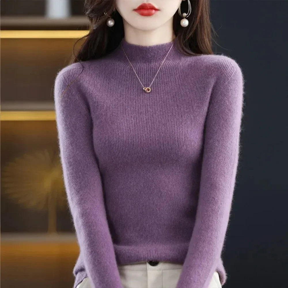 Temperament Pleated Pullover Sweater For Women Long-Sleeve Female S-2XL Siz Half High Collar Underlay Sleeve Sweater Slim Fit