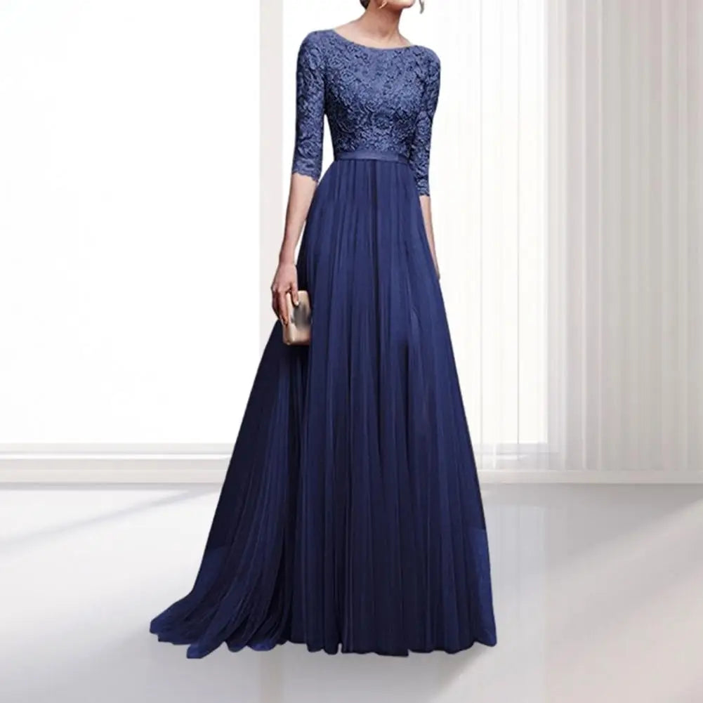 Women Maxi Dress Elegant Lace Flower Embroidered Maxi Evening Dress for Women Round Neck Half Sleeve Tight Waist Floor Length