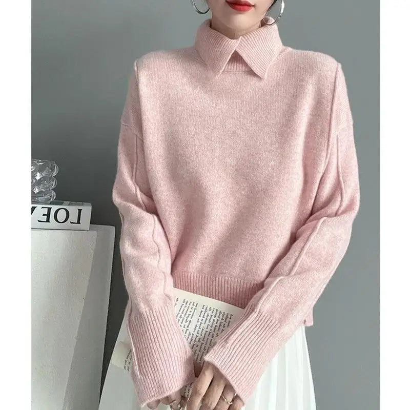 2025 Autumn Women Warm Shirt Turn-down Collar Solid Knit Pullover Winter Elegant All-match Long Sleeve Sweater Lady Elegant Tops