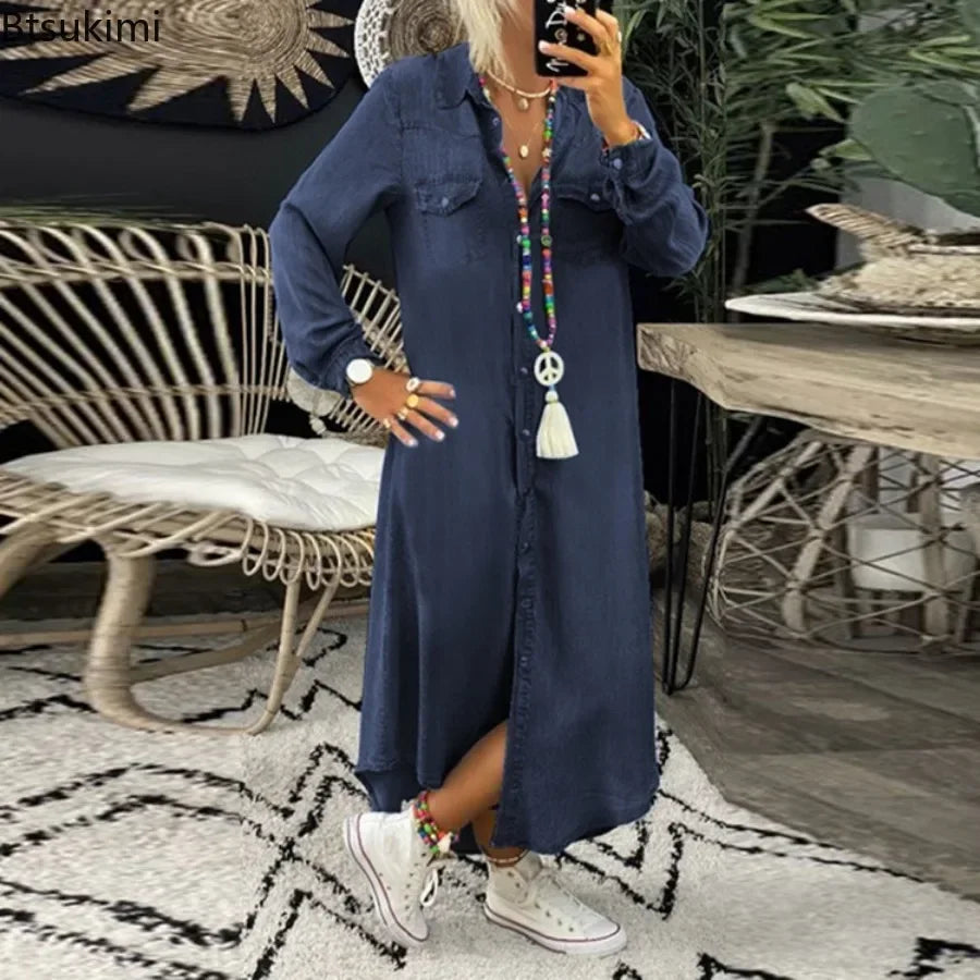2026 Women's Spring Autumn Denim Dress Blue Long Sleeve Elegant Long Jeans Dresses Female Casual Fashion Holiday Ladies Dress