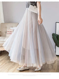 Vintage 100cm Long Tulle Maxi Skirt for Women Korean Style High Waist Elastic Mesh Pleated Tutu Skirt Female Jupe Longue