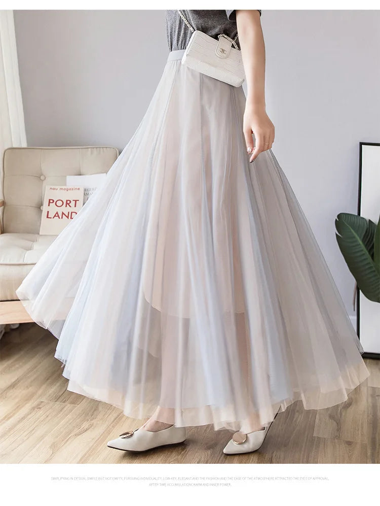 Vintage 100cm Long Tulle Maxi Skirt for Women Korean Style High Waist Elastic Mesh Pleated Tutu Skirt Female Jupe Longue
