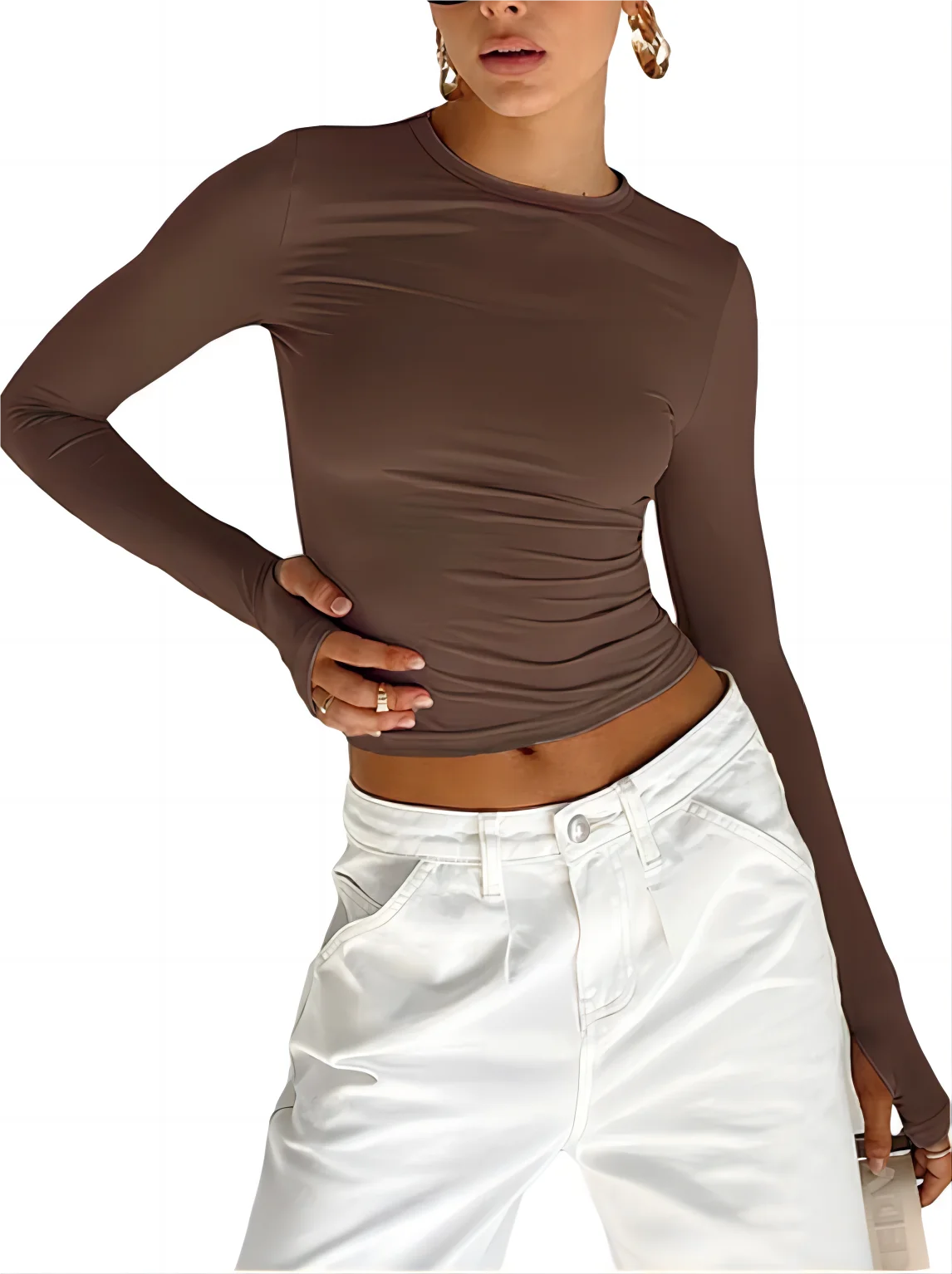 Long Sleeve U Neck Crop Top Women Sexy  Female Slim Tight Tee Casual Summer Tee Clothes Streetwear Brown women clothing