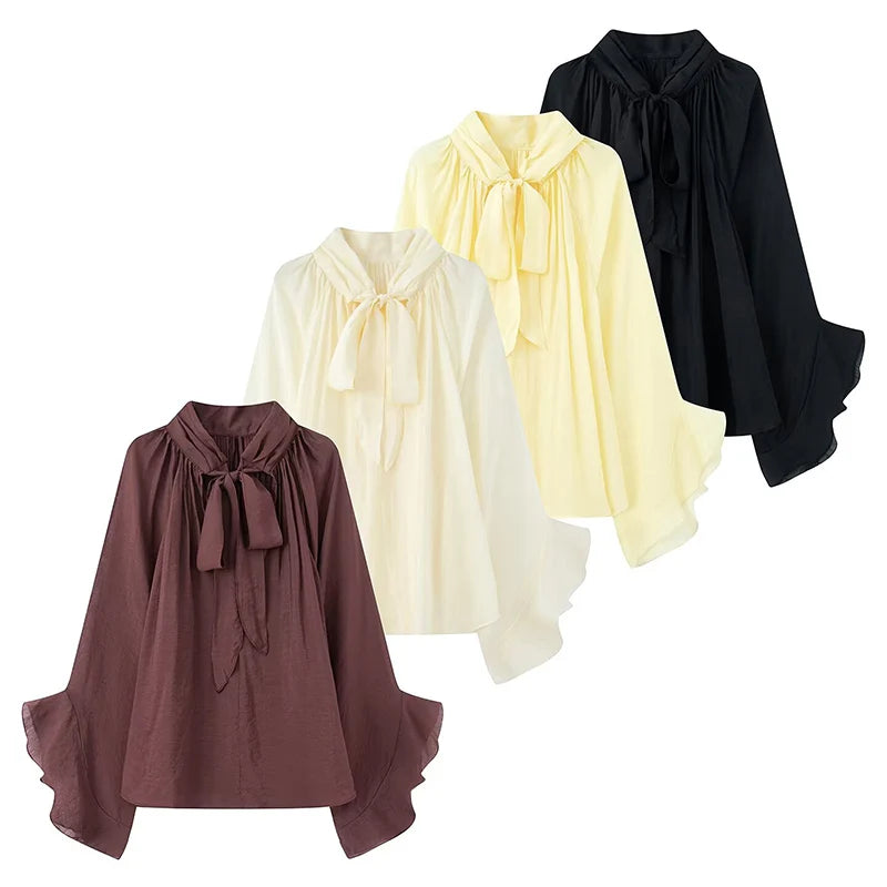 Perspective Women Shirt 2025 Autumn New Bow Tied Blouse Woman Tops Lady Ruffles Flare Sleeve Loose Elegant Blouses