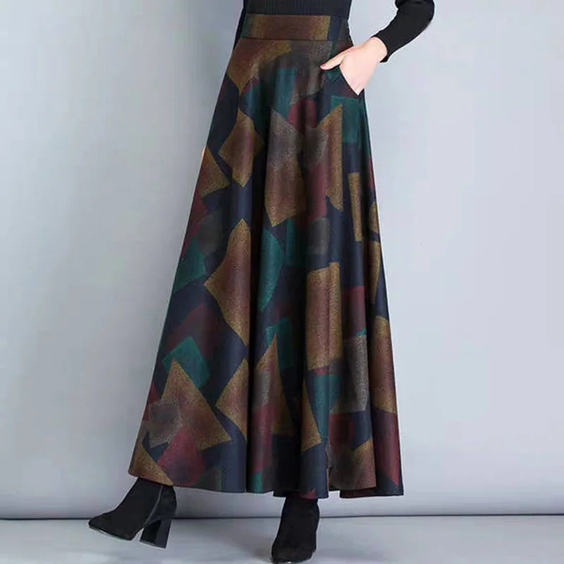 Ladies Skirt Women 1* Cocktail Autumn High Waist Fashion Evening Loose Vintage Party Pleated Maxi Plus Size Printed