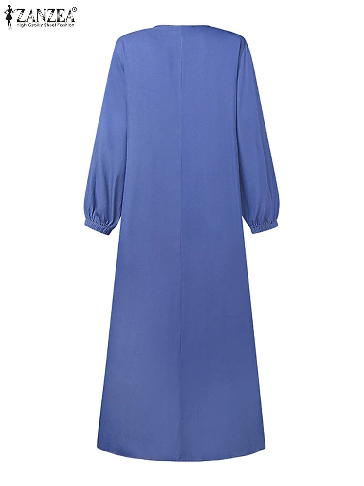 ZANZEA Denim Blue Muslim Hijab Abaya Robes Autumn 2024 Long Sleeve Loose Casual Islamic Maxi Dress Solid Women Kaftan Dresses