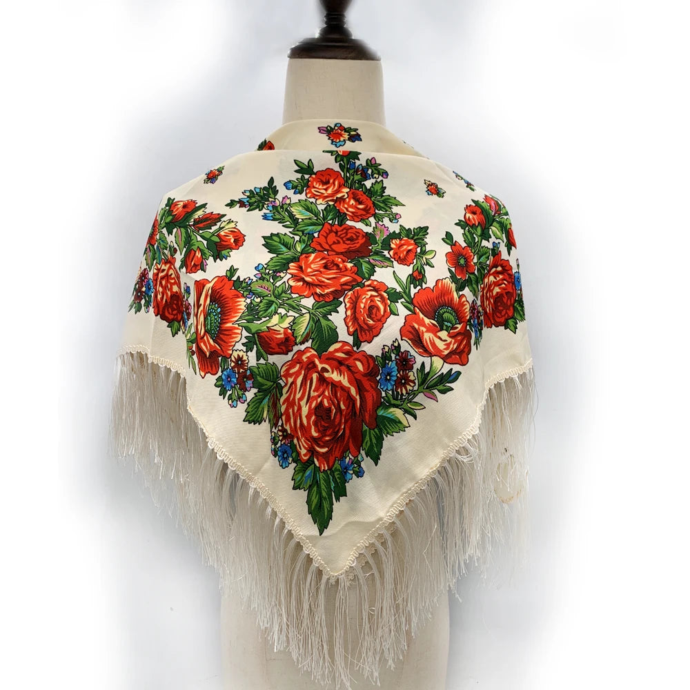 Russian Square Scarf Women Luxury Floral Print Fringed Bandana Scarves Pareo Lady Headband Scarves Babushka Head Wraps
