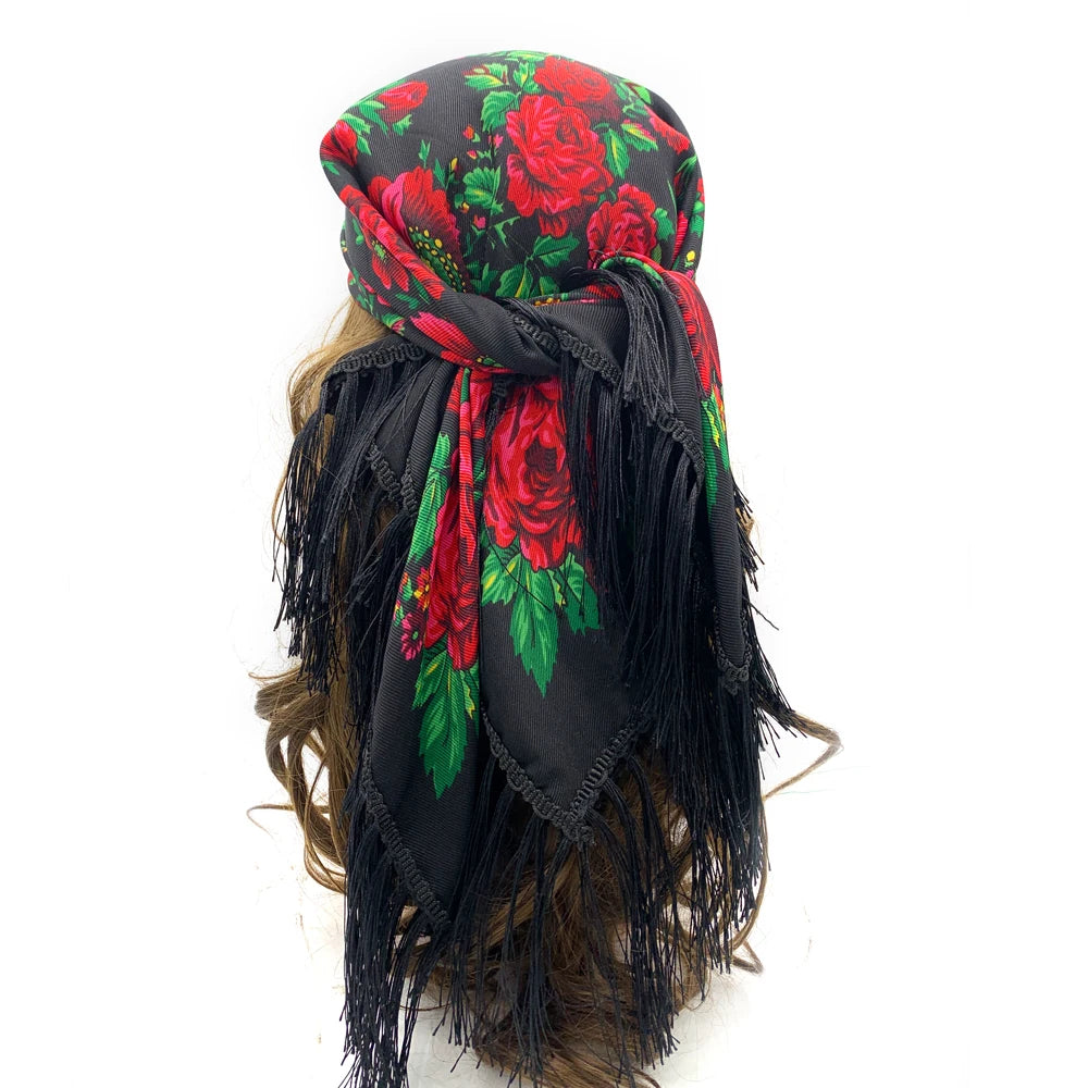 Russian Square Scarf Women Luxury Floral Print Fringed Bandana Scarves Pareo Lady Headband Scarves Babushka Head Wraps