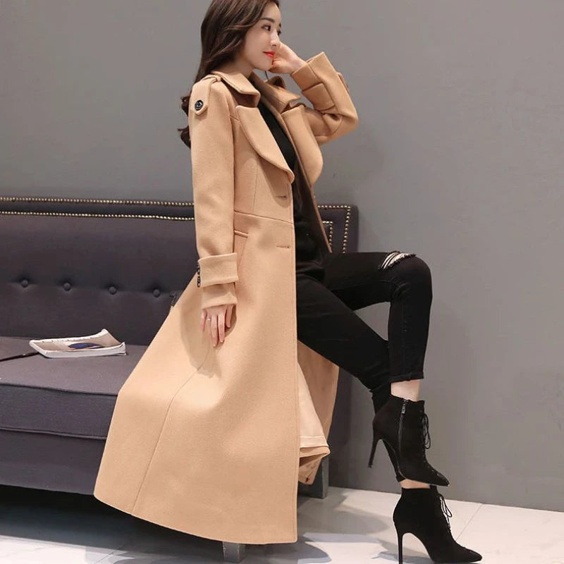 Women's Long Woolen Coat 2026 Spring Autumn New Korean Waist Slimming Over-Knee Thick Keep Warm Woolen Coat Lady Overcoat