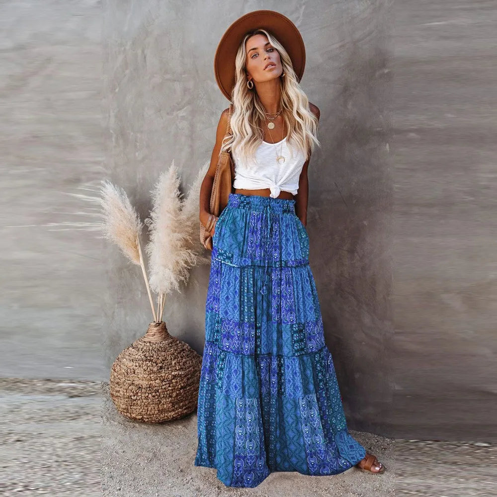 Floral Pocket Belted Pleated Maxi Skirt