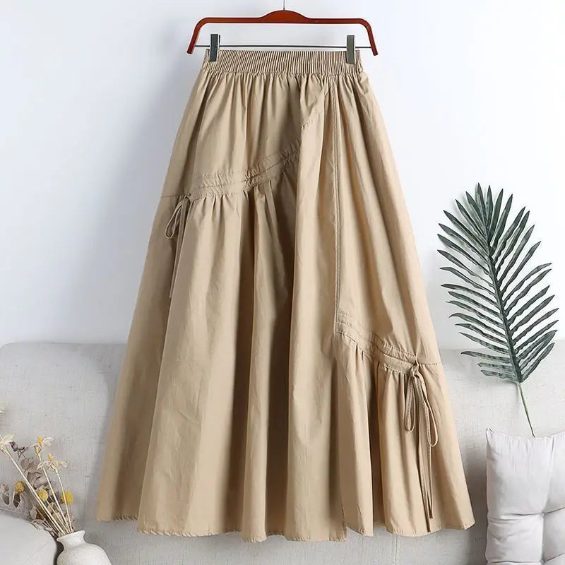 High Waist A-Line Skirt 2024 Summer New Sle Slimming Asymmetrical Belted Midi Skirt Women's f-length Skirts