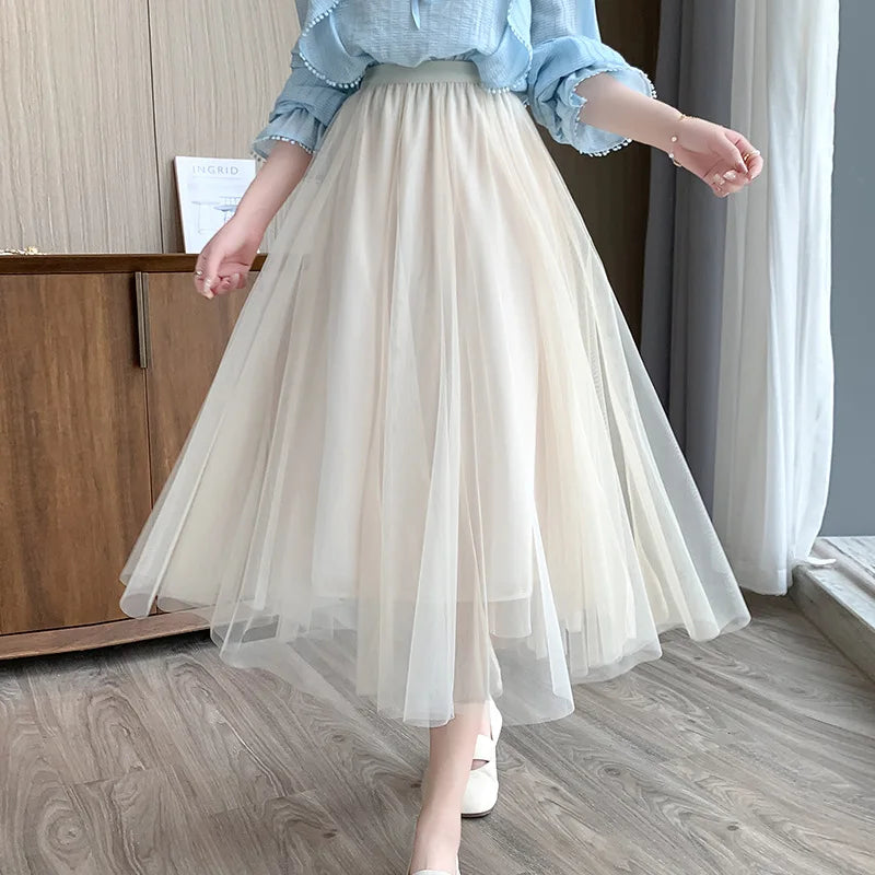 Mesh Skirt 2025 Spring Summer New Style for Women Fashion High Waist Mid-length Elastic Waist A-line Skirt Princess Long Skirt