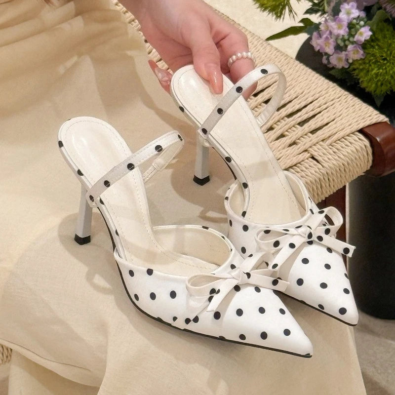 Pointed Toe High Heels Women Dot Sandals Summer Singbacks Mules Shoes Elegant Satin Butterfly-knot Stripper Party Sandalias