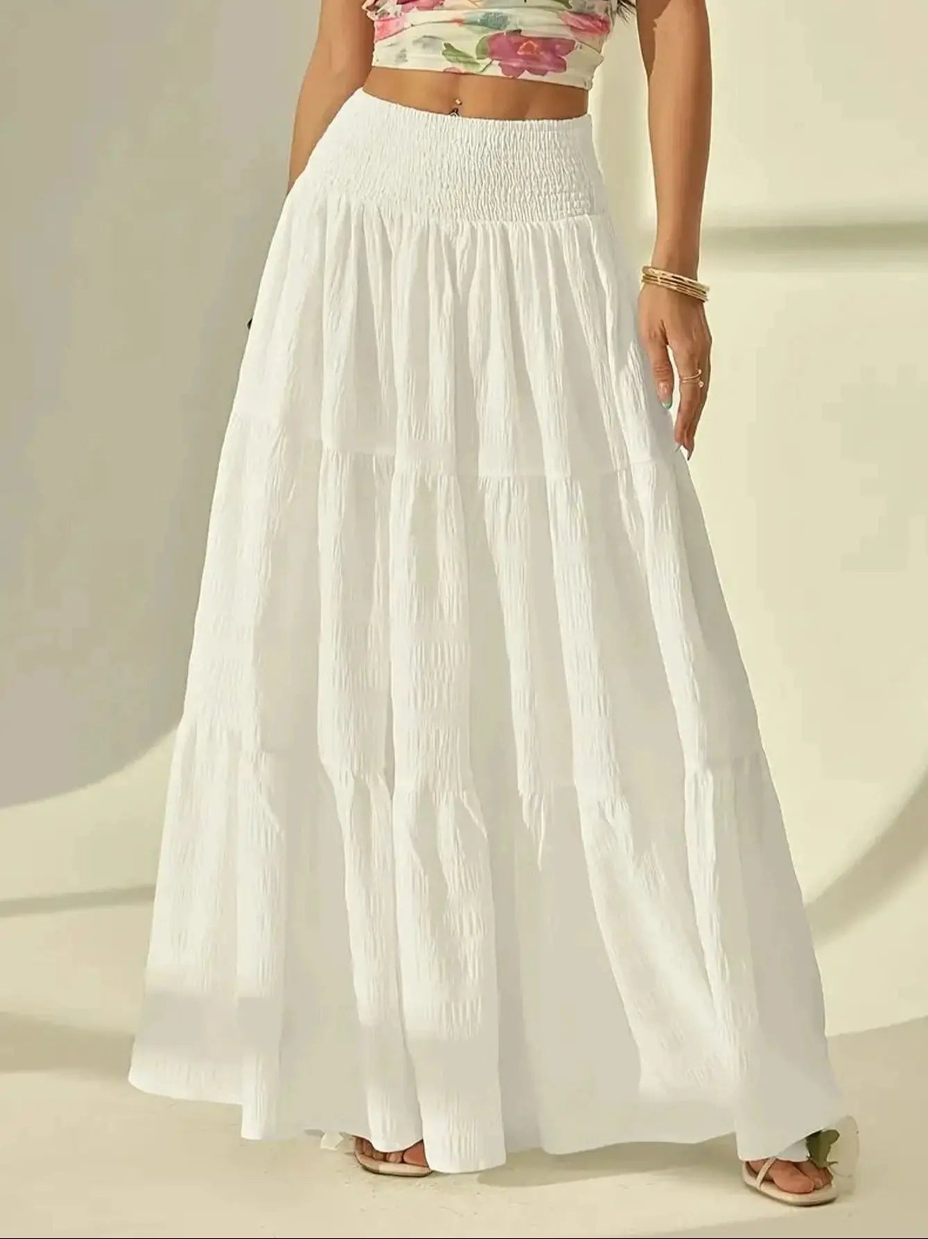 Summer Women White Tiered Maxi Skirt, High Waisted Elastic Waist Pleated Flowy Long Skirt