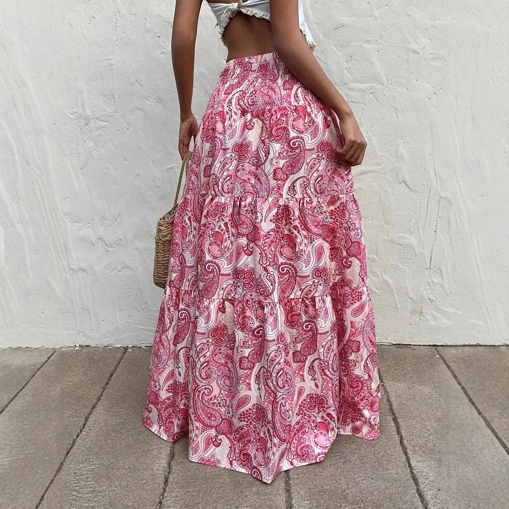 Bohemian Print Elastic Waist A-Line Midi Skirt