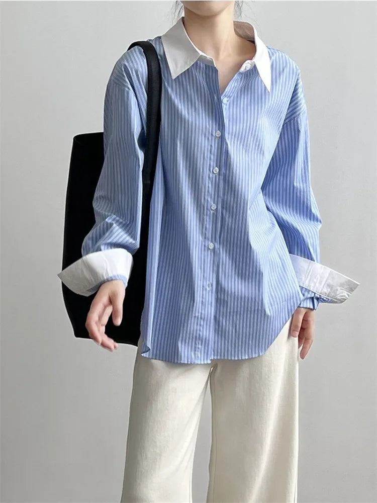 French Blue & White Striped Shirt for Women Spring New Loose Elegant Blouse Fashion Temperament Versatile Women's Shirt