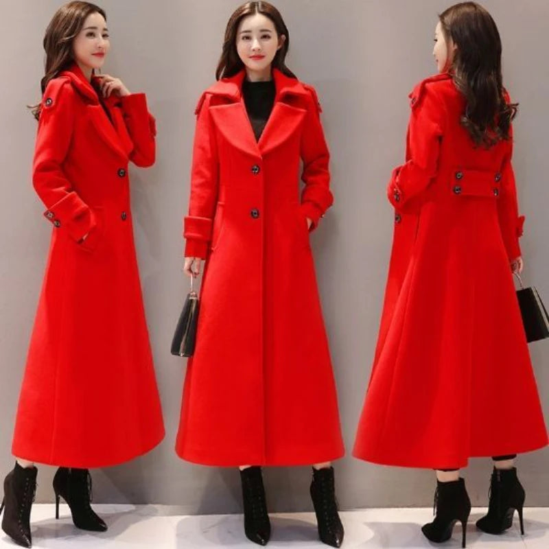 Women's Long Woolen Coat 2026 Spring Autumn New Korean Waist Slimming Over-Knee Thick Keep Warm Woolen Coat Lady Overcoat