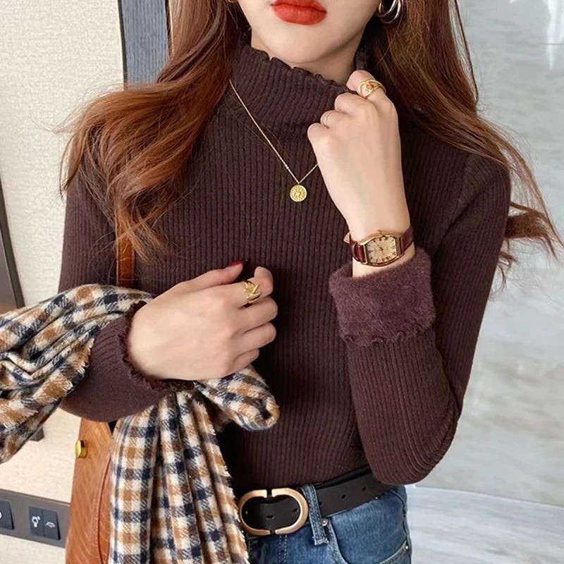 New Autumn/winter Velvet Thick  Sweater Women's Casual Half High Collar Cozy  Pullover Elegant Office Lady Warm Base Knit Top