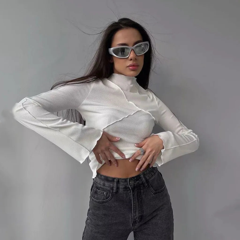 Long Sleeve T-shirts Women Round Neck Line Irregular Hem Knitted Flared Sleeves Autumn Bottoming Tee Chic Fashion Sexy Solid New