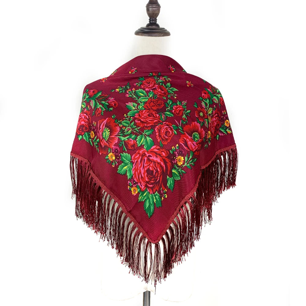 Russian Square Scarf Women Luxury Floral Print Fringed Bandana Scarves Pareo Lady Headband Scarves Babushka Head Wraps
