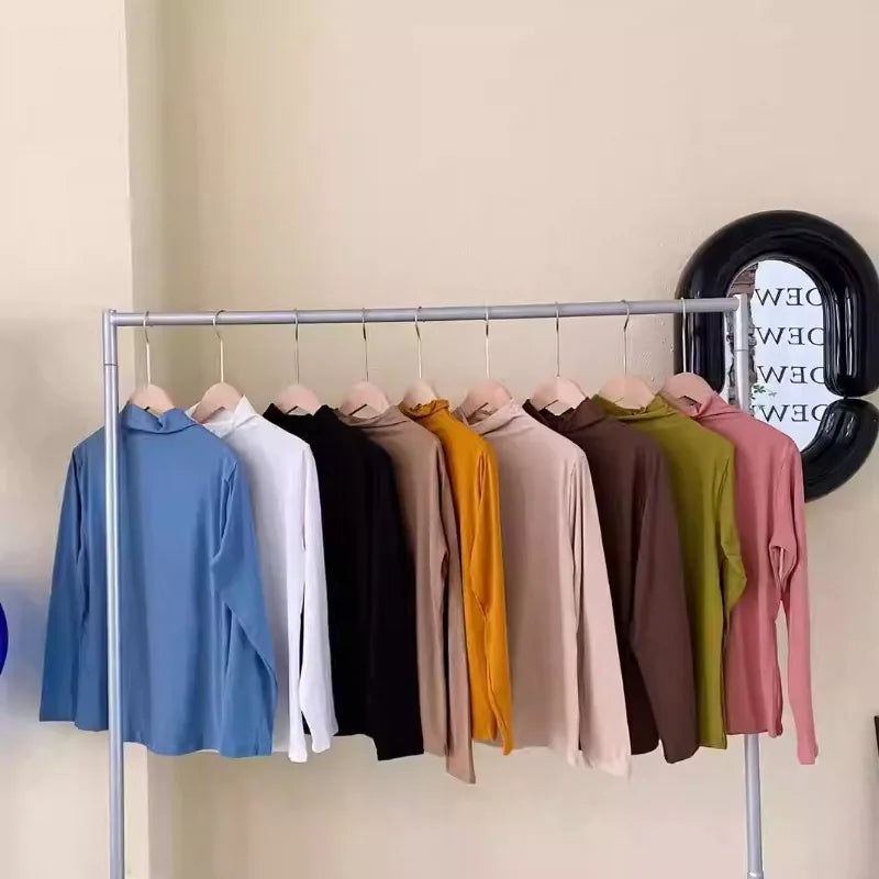Autumn Winter Women T Shirt Long Sleeve Solid Color Pullover Basic Half Turtleneck Slim Fit Casual Top Korean Fashion Undershirt