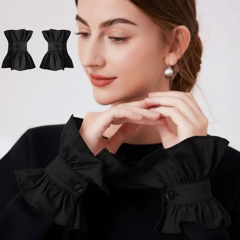 1 set French Style Fake Faux Collar Pleated Design Ruffled Edge Stand Collar Adjustable Feature Detachable Ruffled Sleeve