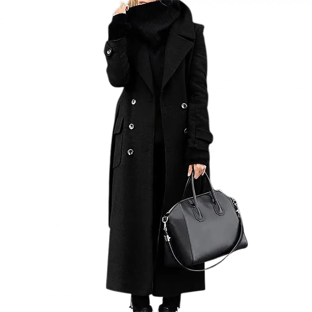 Women Woollen Overcoat Double-breasted Mid-calf Length Long Sleeves Jacket Slim OL Formal Coat