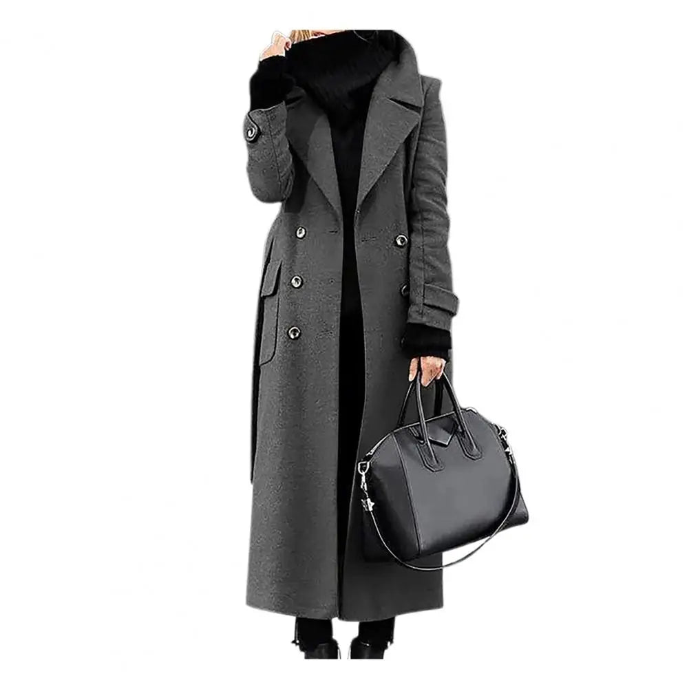 Women Woollen Overcoat Double-breasted Mid-calf Length Long Sleeves Jacket Slim OL Formal Coat