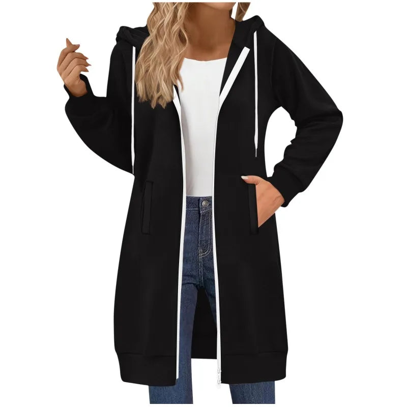Women's Clothing Long Sweatshirt Casual Versatile Drawstring Long Sleeve Hooded Jacket with Pockets