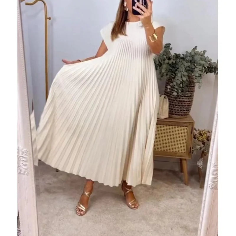 Women's Sleeveless Dress, Mid-Length Pleated Solid-Colour Round Neck Loose-Fit Casual Long Dress for Everyday Commuting