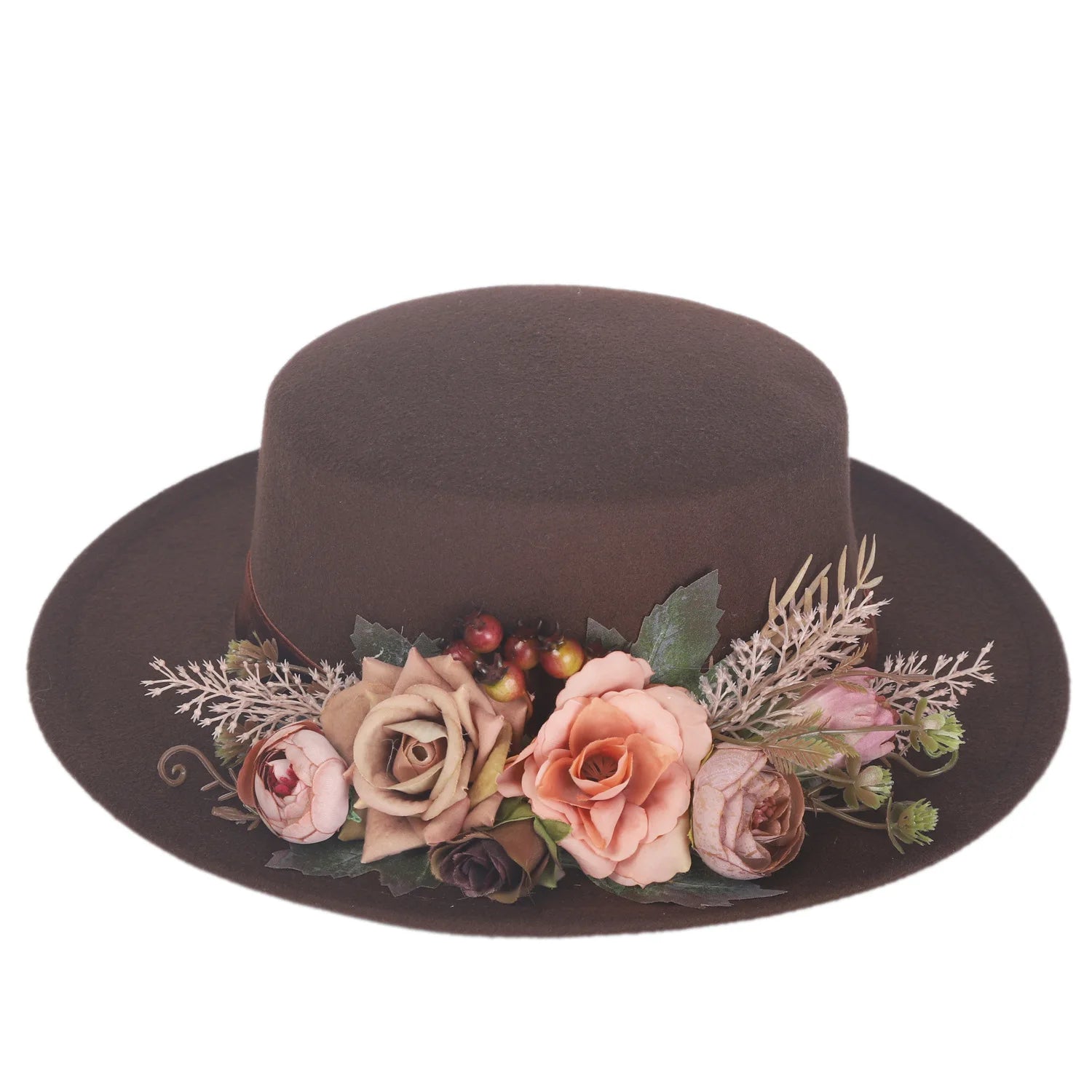 Fedora Hats Women's Flower flat cap Fashion Autumn Winter Warm Flat Top Basin Hats British Vintage Top Hats