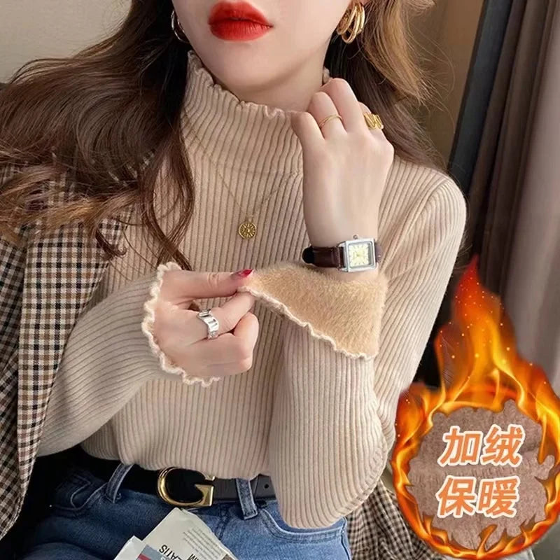 New Autumn/winter Velvet Thick  Sweater Women's Casual Half High Collar Cozy  Pullover Elegant Office Lady Warm Base Knit Top