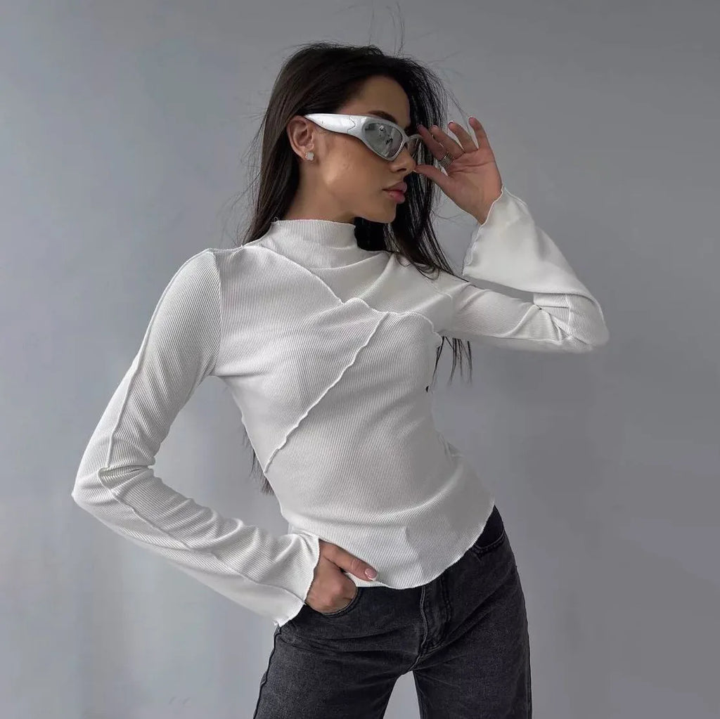 Long Sleeve T-shirts Women Round Neck Line Irregular Hem Knitted Flared Sleeves Autumn Bottoming Tee Chic Fashion Sexy Solid New