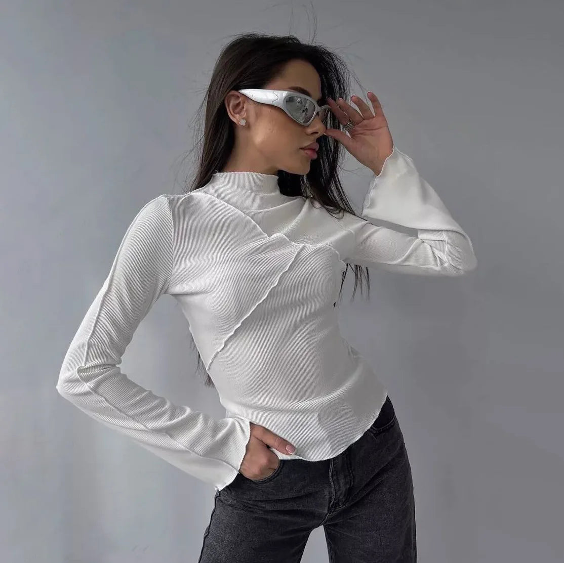 Long Sleeve T-shirts Women Round Neck Line Irregular Hem Knitted Flared Sleeves Autumn Bottoming Tee Chic Fashion Sexy Solid New