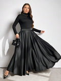 Plus-Size Women's Elegant Solid Color Flared Skirt, Elastic Waist at the Back, with Pockets, Suitable for All Seasons