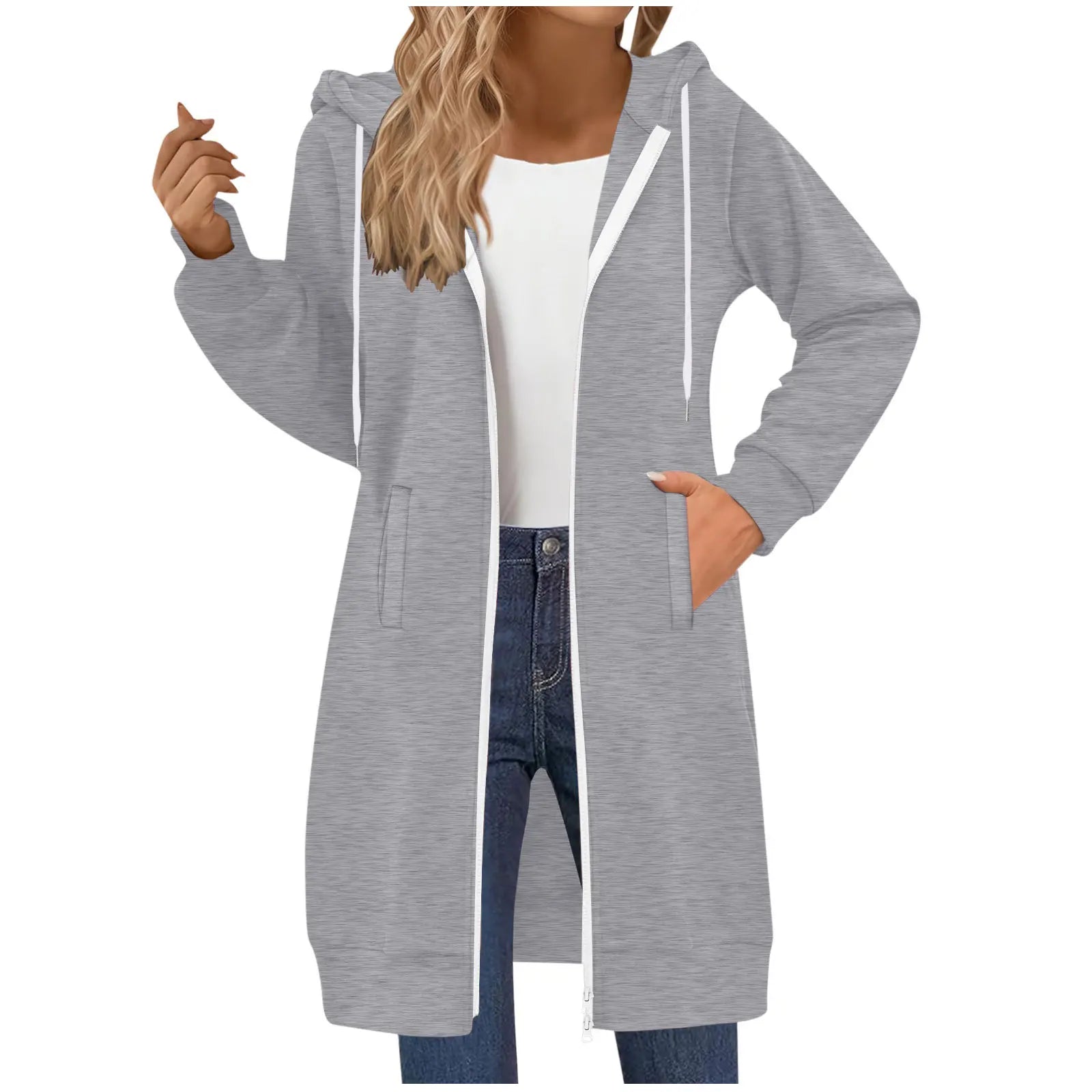Women's Clothing Long Sweatshirt Casual Versatile Drawstring Long Sleeve Hooded Jacket with Pockets