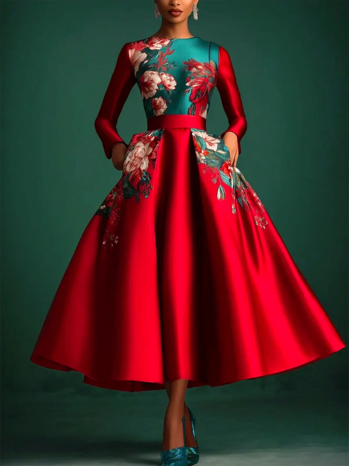 Elegant Women's Prom Dresses Floral Printed Round Neck Mid-Length Waisted Evening Party Dress Long Sleeve Women's Midi Dress