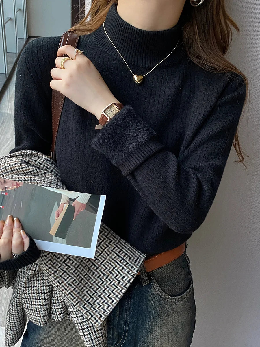 Women's Turtleneck Sweater Winter 2026 with Velvet Lining Thickened Inner Wear Thermal Knitting Bottoming Shirt Pullovers